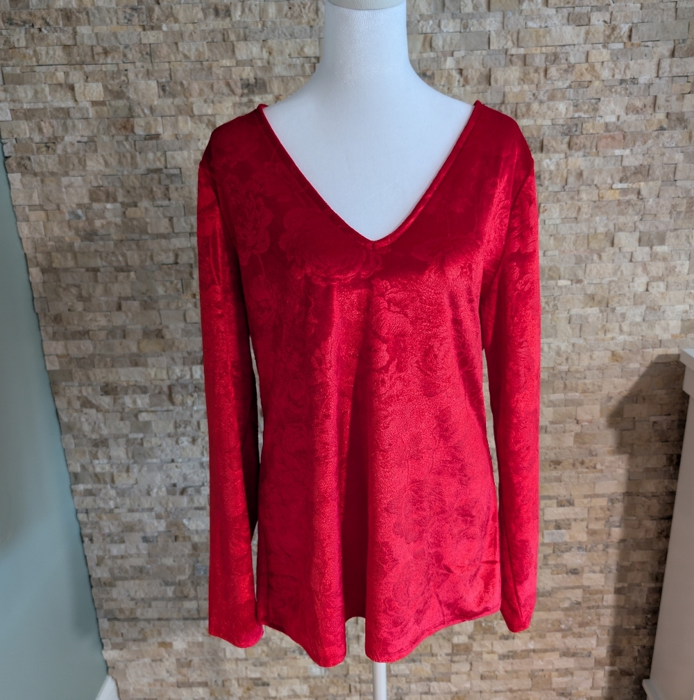 Red Floral Velvet Long Tunic Top 2XL Plus Size Romantic Soft Goth Y2K Inspired